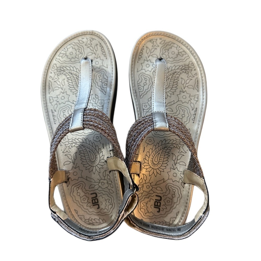 JBU Silver Sandals with Sparkled Ankle Straps and Floral Patterned Base